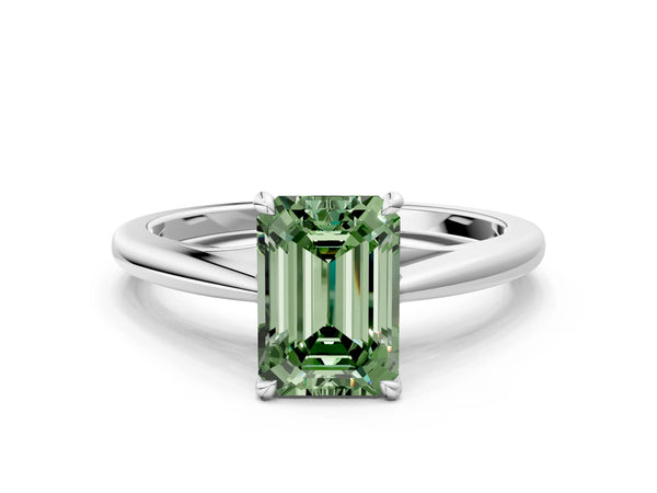 White gold Fancy Green Emerald  Solitaire Engagement Ring with Four-Prong Setting and Classic Band