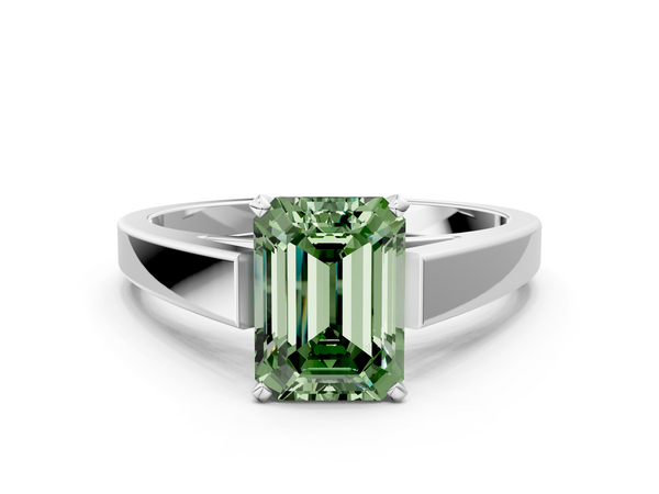 White gold Fancy Green Emerald  Solitaire Engagement Ring with Four-Prong Setting and Tapered Band