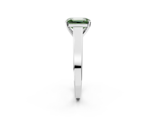 White gold Fancy Green Emerald  Solitaire Engagement Ring with Four-Prong Setting and Tapered Band