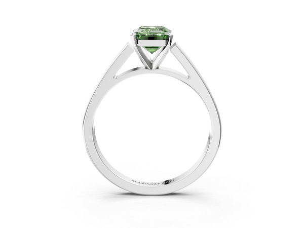 White gold Fancy Green Emerald  Solitaire Engagement Ring with Four-Prong Setting and Tapered Band