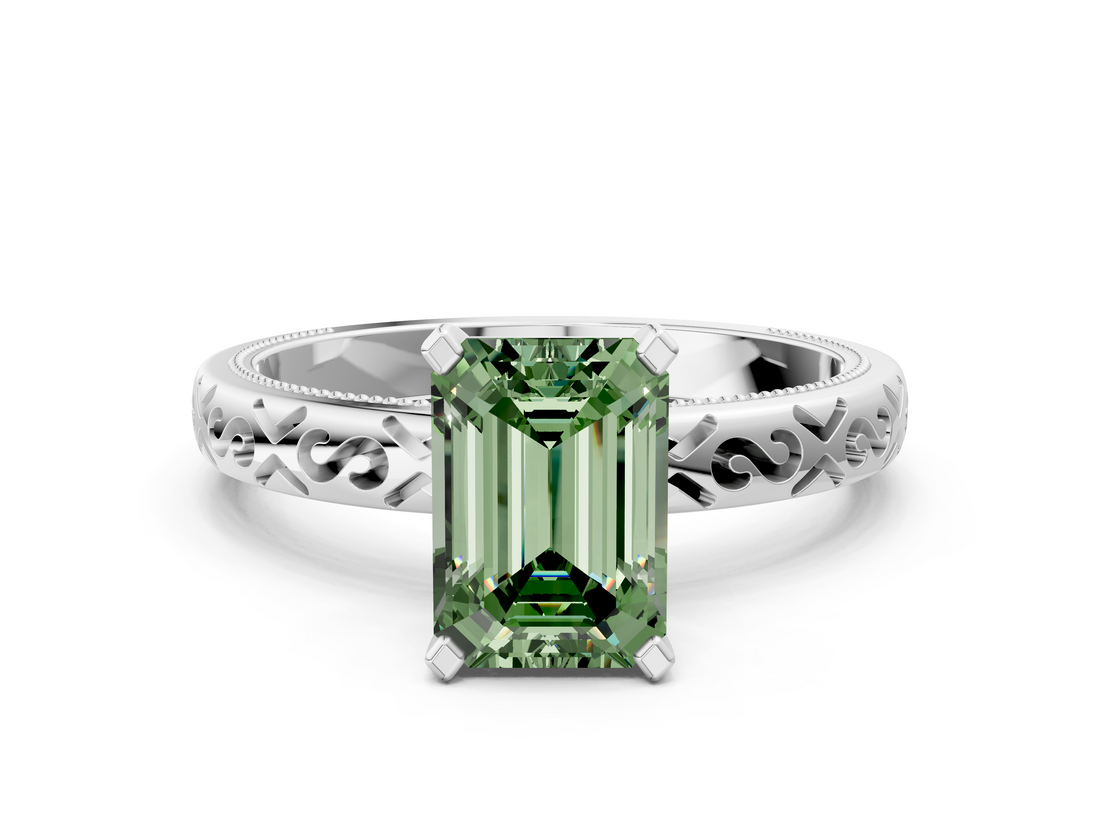 White gold Fancy Green Emerald  Solitaire Engagement Ring with Scrollwork Band and Four-Prong Setting_116