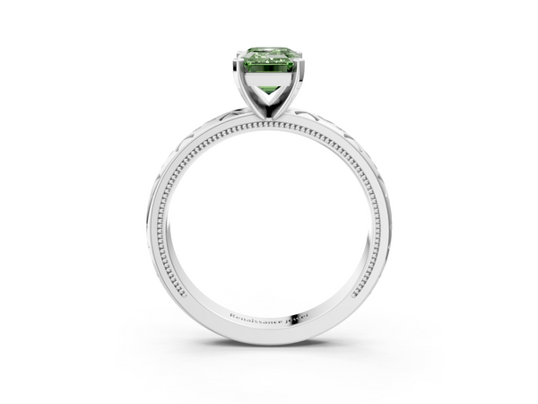 Platinum Fancy Green Emerald  Solitaire Engagement Ring with Scrollwork Band and Four-Prong Setting