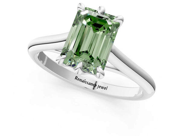 White gold Fancy Green Emerald  Solitaire Engagement Ring with Six-Prong Setting and Classic Band