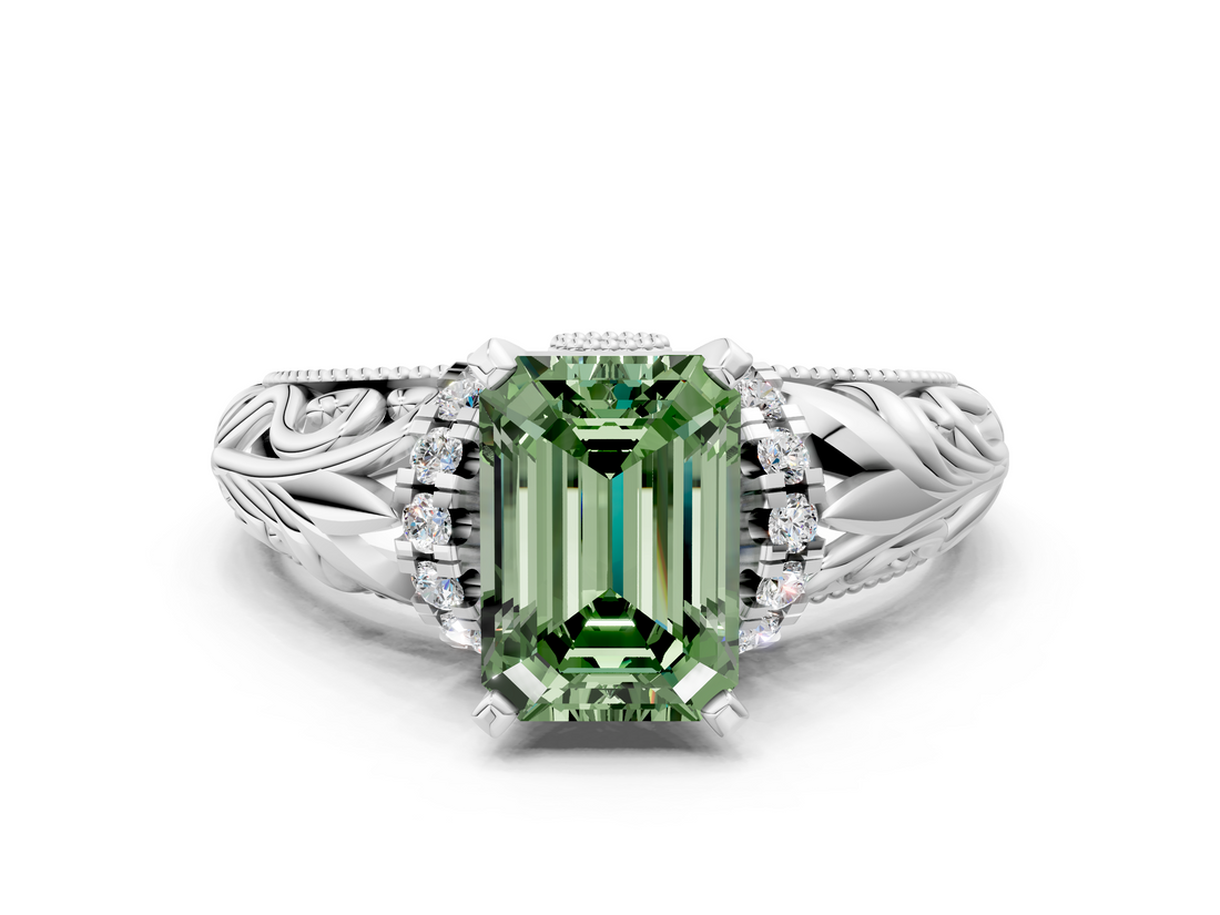 White gold Fancy Green Emerald  Solitaire Filigree Engagement Ring with Halo and Prong Setting_74