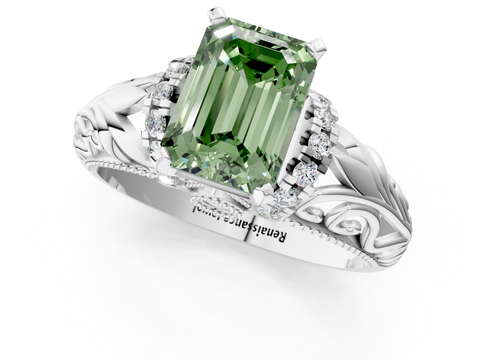 White gold Fancy Green Emerald  Solitaire Filigree Engagement Ring with Halo and Prong Setting_75