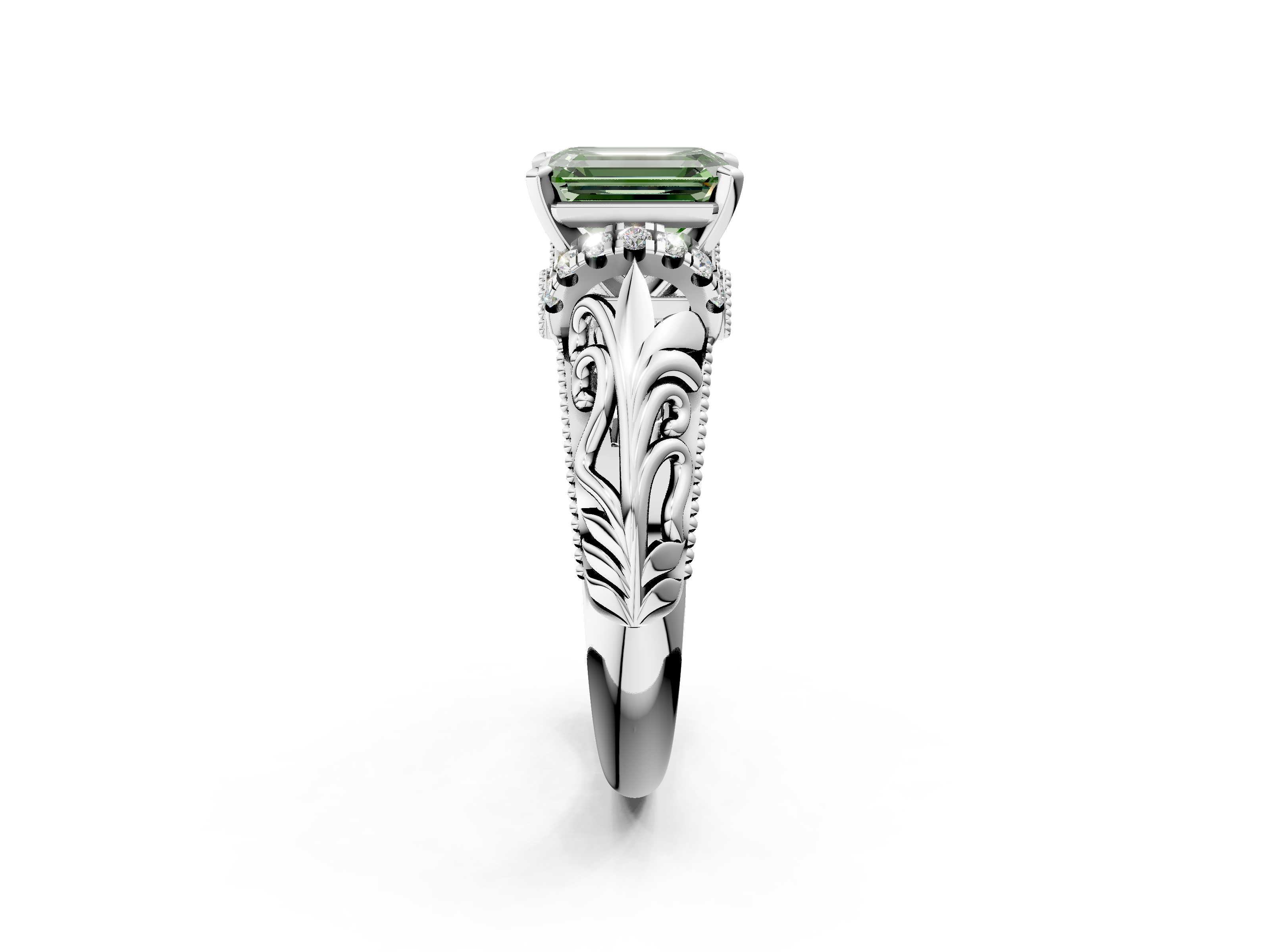 White gold Fancy Green Emerald  Solitaire Filigree Engagement Ring with Halo and Prong Setting_76