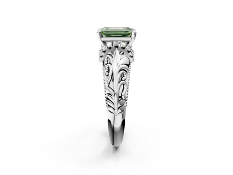 White gold Fancy Green Emerald  Solitaire Filigree Engagement Ring with Halo and Prong Setting_76