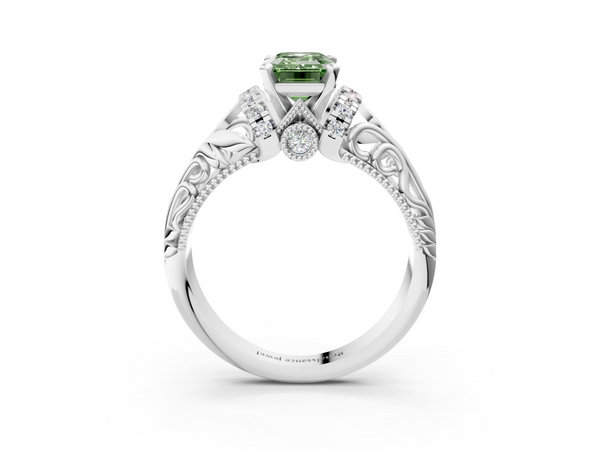 Platinum Fancy Green Emerald  Solitaire Filigree Engagement Ring with Halo and Prong Setting