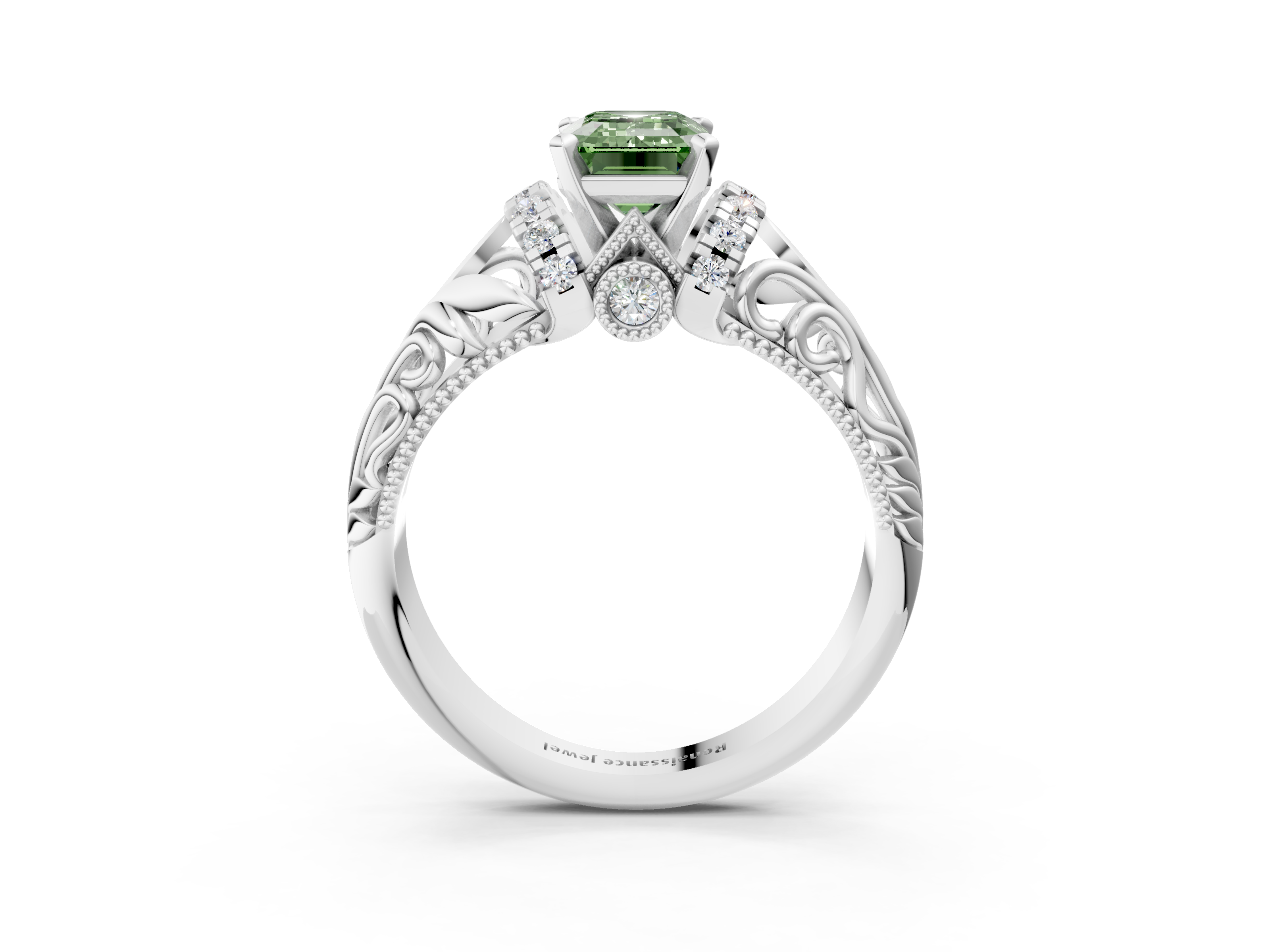 White gold Fancy Green Emerald  Solitaire Filigree Engagement Ring with Halo and Prong Setting_77