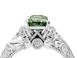 White gold Fancy Green Emerald  Solitaire Filigree Engagement Ring with Halo and Prong Setting_78