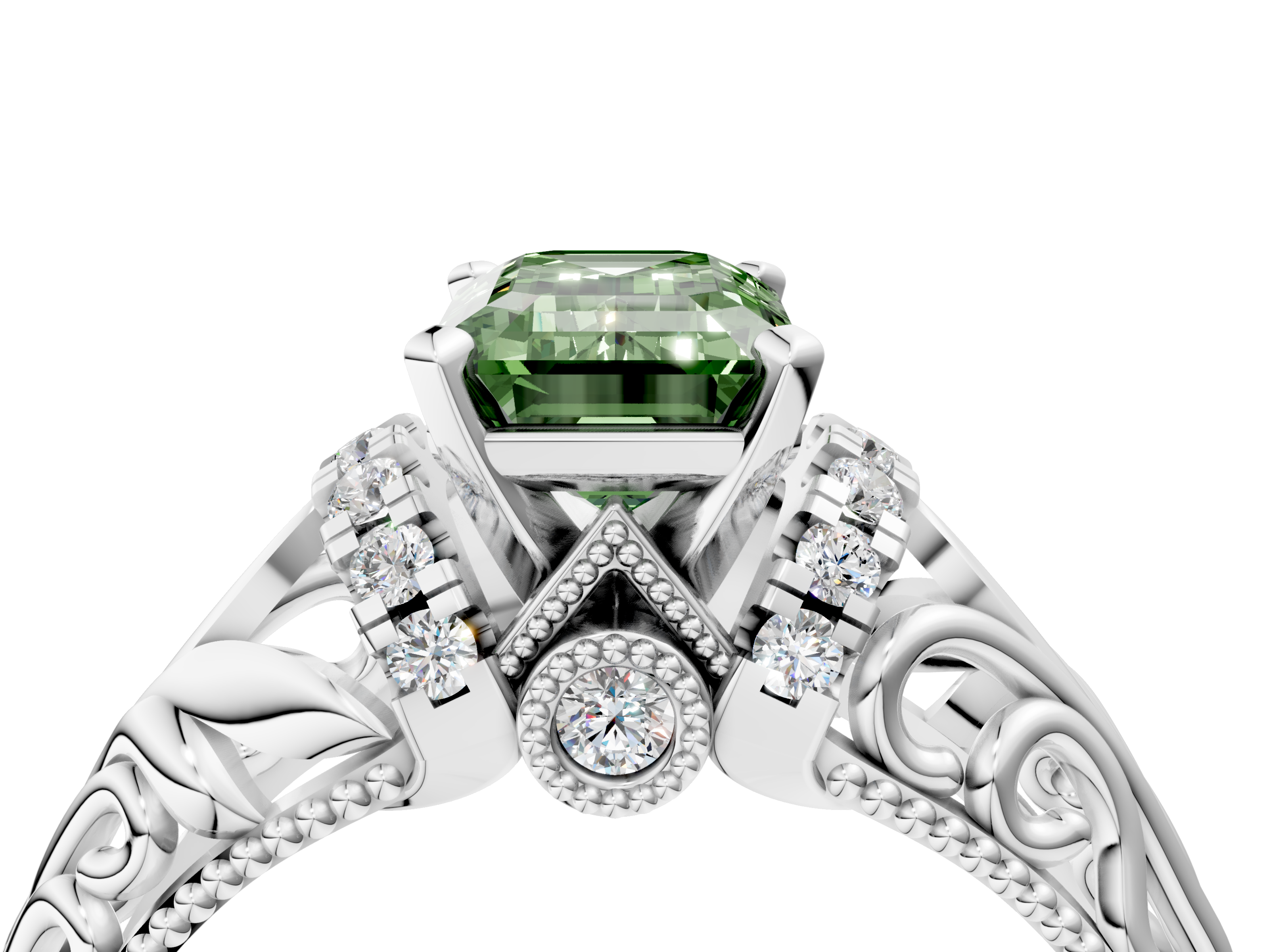 White gold Fancy Green Emerald  Solitaire Filigree Engagement Ring with Halo and Prong Setting_78