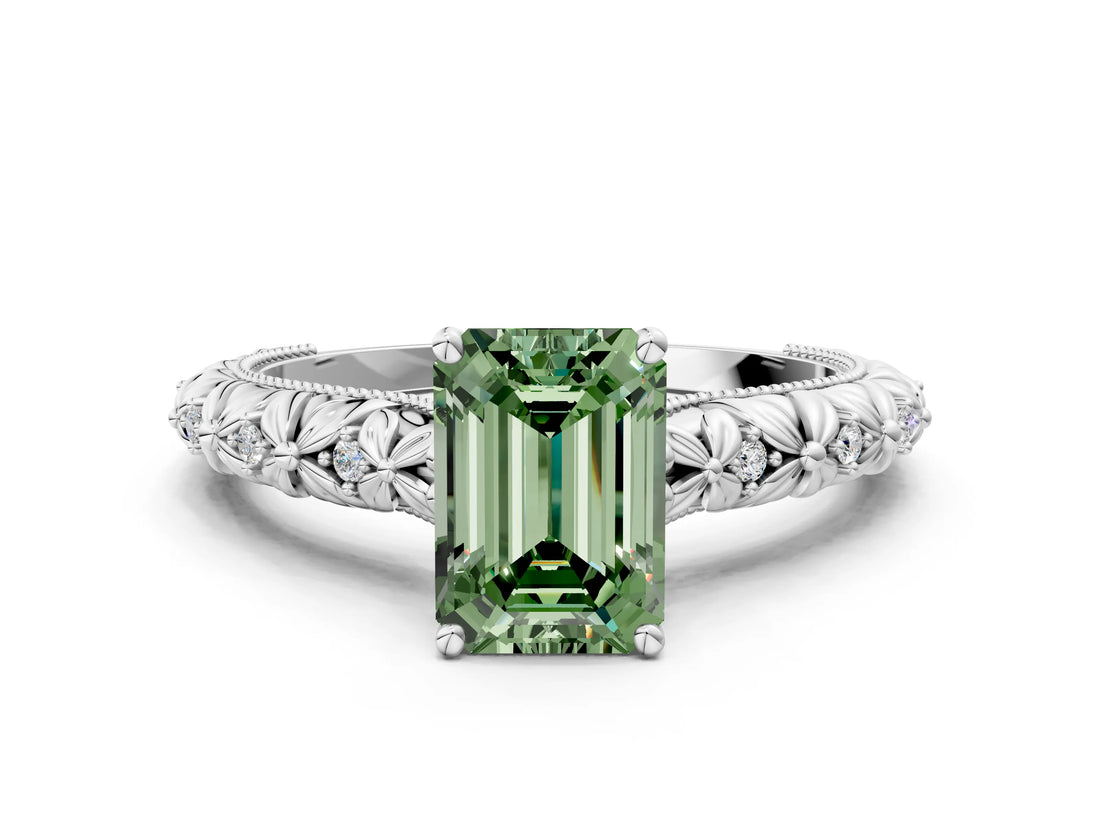 White gold Fancy Green Emerald  Solitaire Floral Milgrain Engagement Ring_31