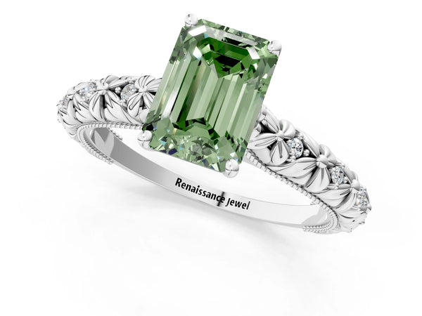 White gold Fancy Green Emerald  Solitaire Floral Milgrain Engagement Ring