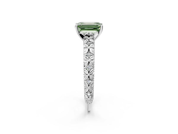 White gold Fancy Green Emerald  Solitaire Floral Milgrain Engagement Ring