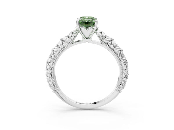 White gold Fancy Green Emerald  Solitaire Floral Milgrain Engagement Ring