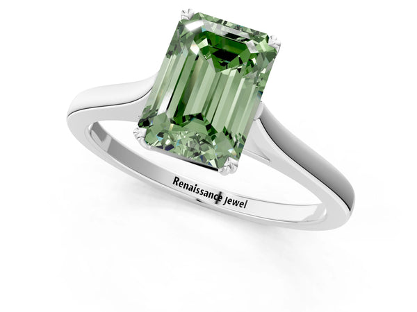 White gold Fancy Green Emerald  Solitaire Heart Prong Engagement Ring with Tapered Band