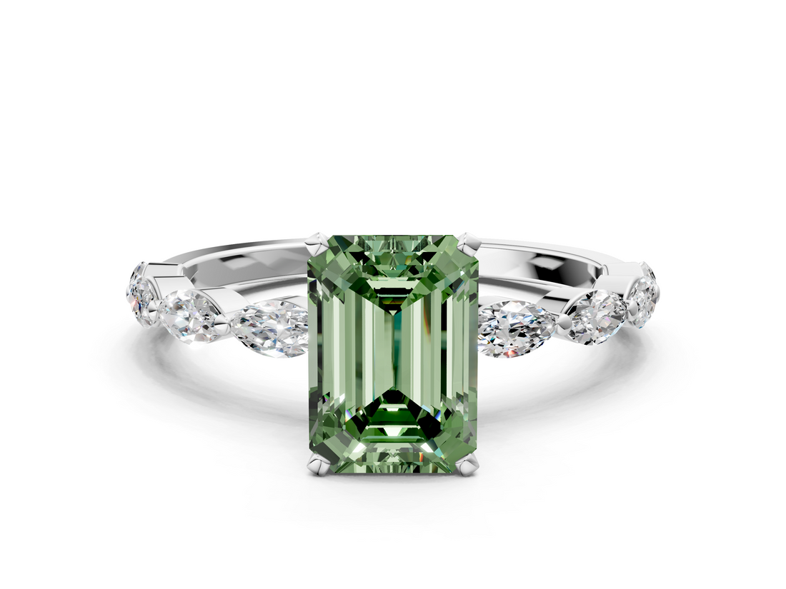 White gold Fancy Green Emerald  Solitaire Marquise Side Stone Prong Setting Ring_44