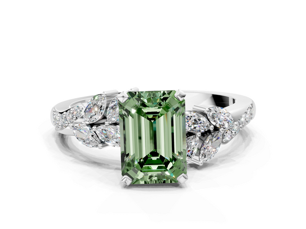 White gold Fancy Green Emerald  Solitaire Marquise Twist Band with Six-Prong Setting