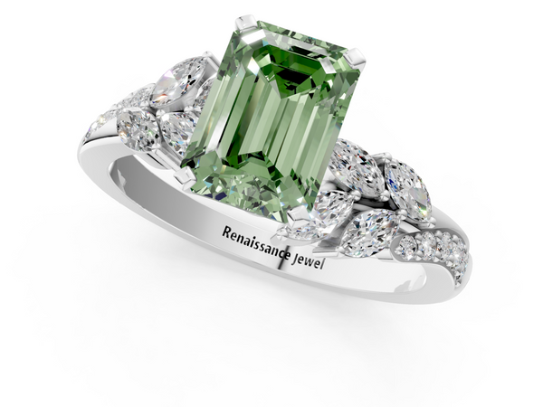 White gold Fancy Green Emerald  Solitaire Marquise Twist Band with Six-Prong Setting