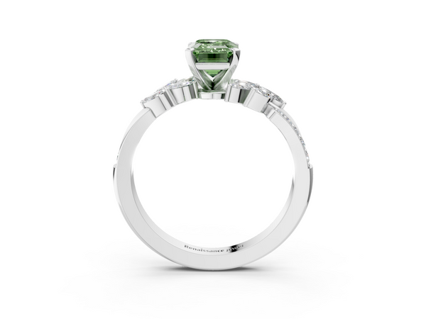 White gold Fancy Green Emerald  Solitaire Marquise Twist Band with Six-Prong Setting