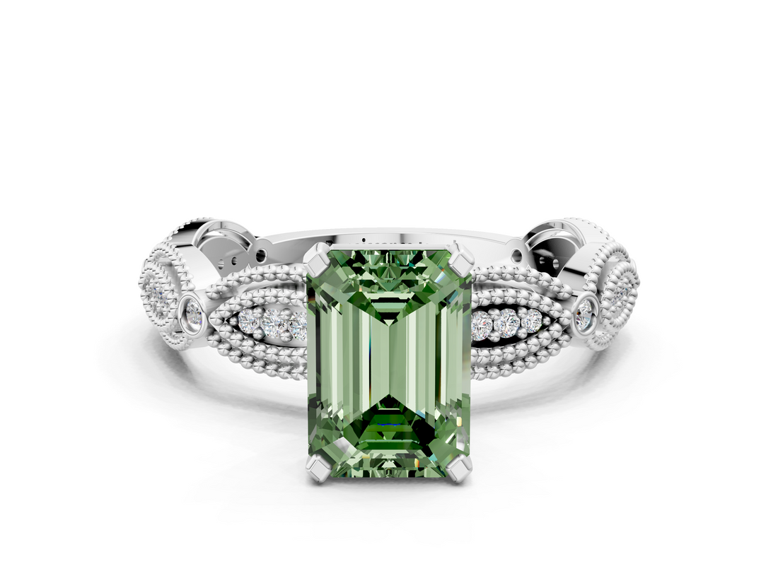 White gold Fancy Green Emerald  Solitaire Milgrain Diamond Engagement Ring with Bezel and Marquise Band_80