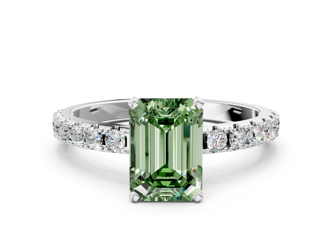 White gold Fancy Green Emerald  Solitaire Pavé Band with Four-Prong Setting_163