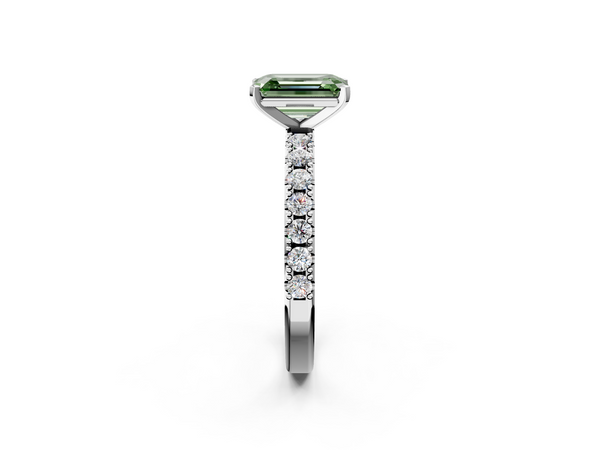 White gold Fancy Green Emerald Cut Diamond Solitaire Pavé Band with Four-Prong Setting