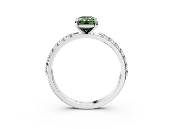White gold Fancy Green Emerald Cut Diamond Solitaire Pavé Band with Four-Prong Setting