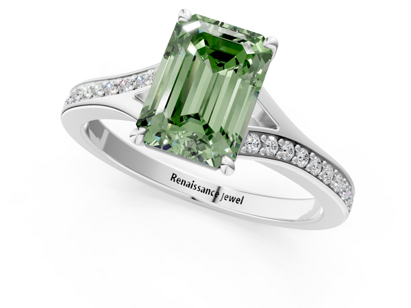 Platinum Fancy Green Emerald Cut Diamond Solitaire Ring with Pavé Band and Prong Setting
