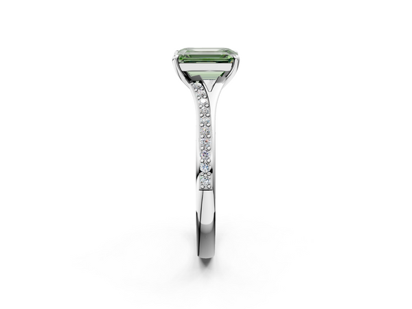 Platinum Fancy Green Emerald Cut Diamond Solitaire Ring with Pavé Band and Prong Setting