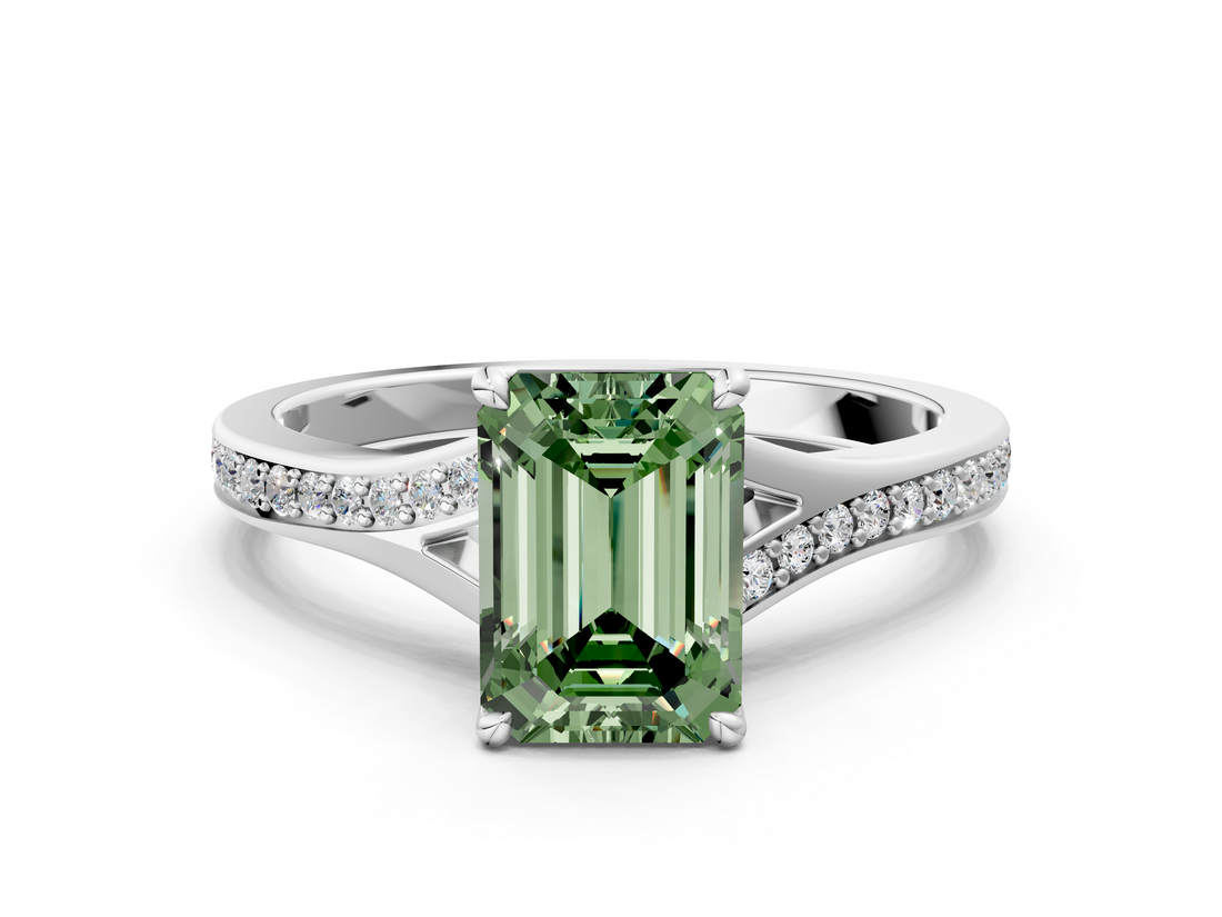 White gold Fancy Green Emerald  Solitaire Pavé Band with Four-Prong Setting_64