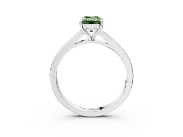 Platinum Fancy Green Emerald Cut Diamond Solitaire Ring with Pavé Band and Prong Setting