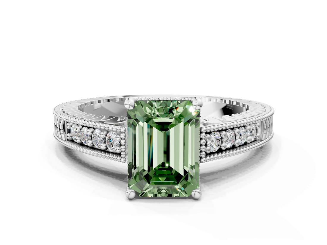 White gold Fancy Green Emerald  Solitaire Pavé Diamond Milgrain Engagement Ring with Four-Prong Setting_3