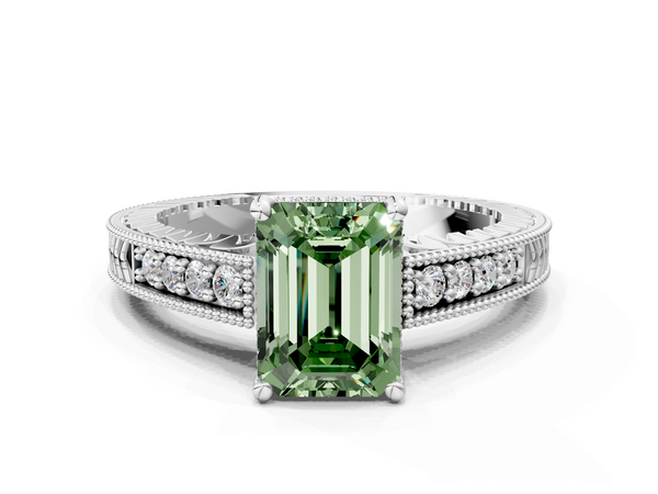 Platinum Fancy Green Emerald  Solitaire Pavé Diamond Milgrain Engagement Ring with Four-Prong Setting