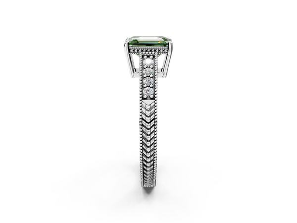 Platinum Fancy Green Emerald  Solitaire Pavé Diamond Milgrain Engagement Ring with Four-Prong Setting