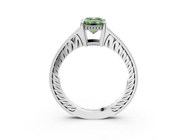 Platinum Fancy Green Emerald  Solitaire Pavé Diamond Milgrain Engagement Ring with Four-Prong Setting