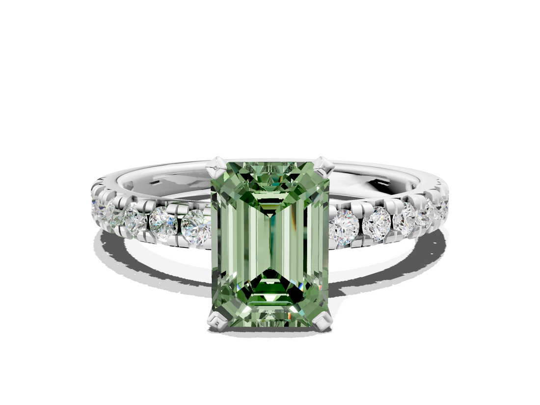 White gold Fancy Green Emerald  Solitaire Pave Diamond Engagement Ring with Four-Prong Setting_329