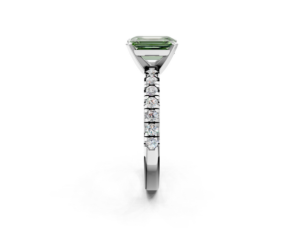 Platinum Fancy Green Emerald  Solitaire Pave Diamond Engagement Ring with Four-Prong Setting