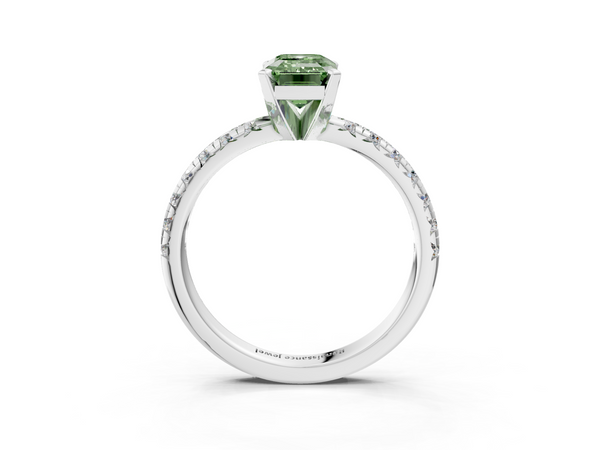 Platinum Fancy Green Emerald  Solitaire Pave Diamond Engagement Ring with Four-Prong Setting