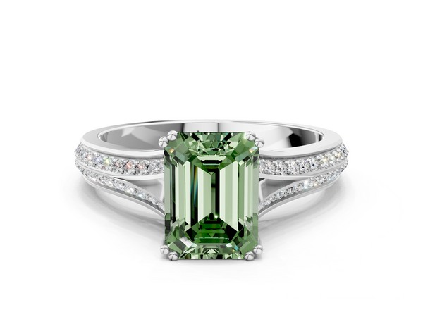 White gold Fancy Green Emerald Cut Diamond Split Shank Engagement Ring with Pavé Band