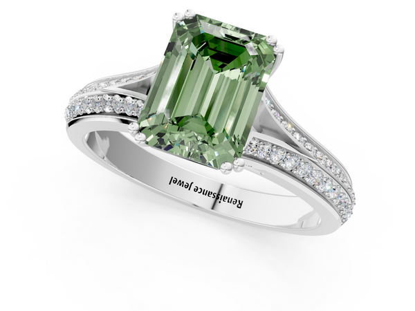 White gold Fancy Green Emerald Cut Diamond Split Shank Engagement Ring with Pavé Band