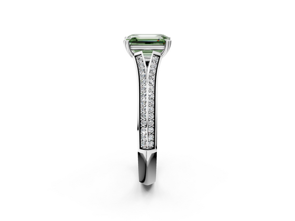 White gold Fancy Green Emerald Cut Diamond Split Shank Engagement Ring with Pavé Band