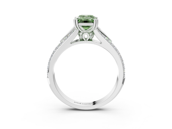White gold Fancy Green Emerald Cut Diamond Split Shank Engagement Ring with Pavé Band