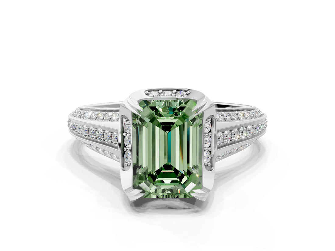 White gold Fancy Green Emerald  Solitaire Pave Split Shank Ring with Four-Prong Setting_141