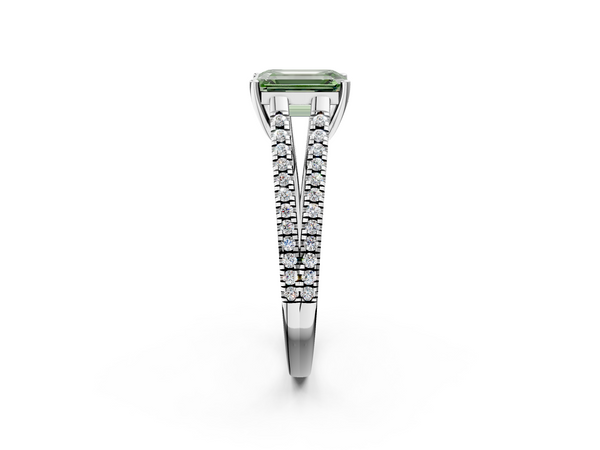 Platinum Fancy Green Emerald Cut Diamond Solitaire Engagement Ring with Split Shank Pavé Band