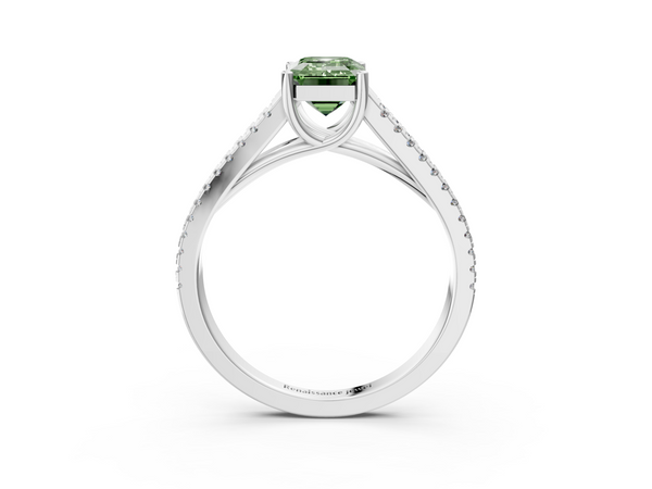 Platinum Fancy Green Emerald Cut Diamond Solitaire Engagement Ring with Split Shank Pavé Band
