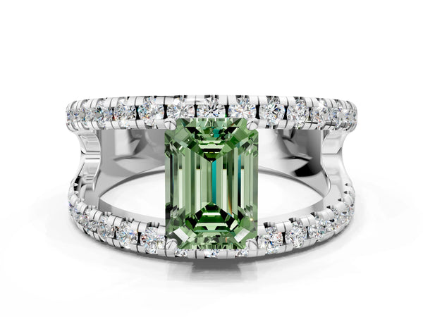 Platinum Fancy Green Emerald  Solitaire Split Shank Pave Diamond Ring