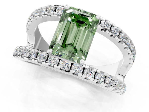 Platinum Fancy Green Emerald  Solitaire Split Shank Pave Diamond Ring