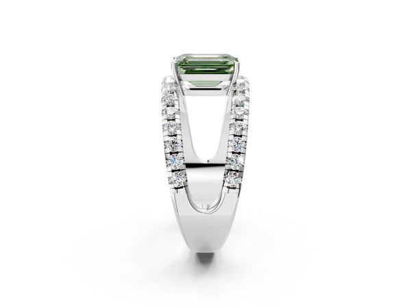 Platinum Fancy Green Emerald  Solitaire Split Shank Pave Diamond Ring