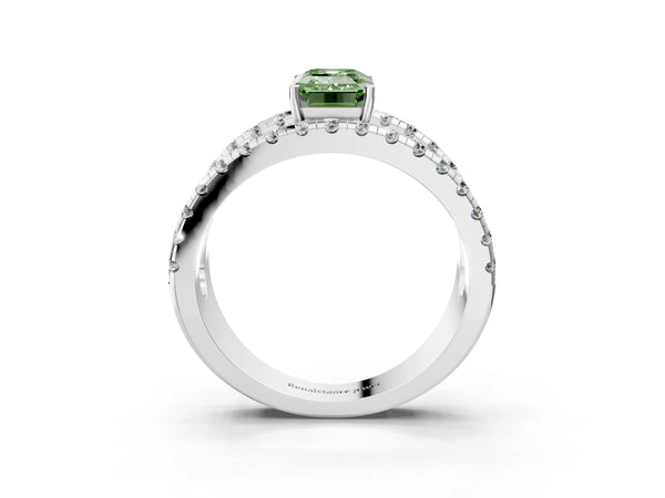 Platinum Fancy Green Emerald  Solitaire Split Shank Pave Diamond Ring